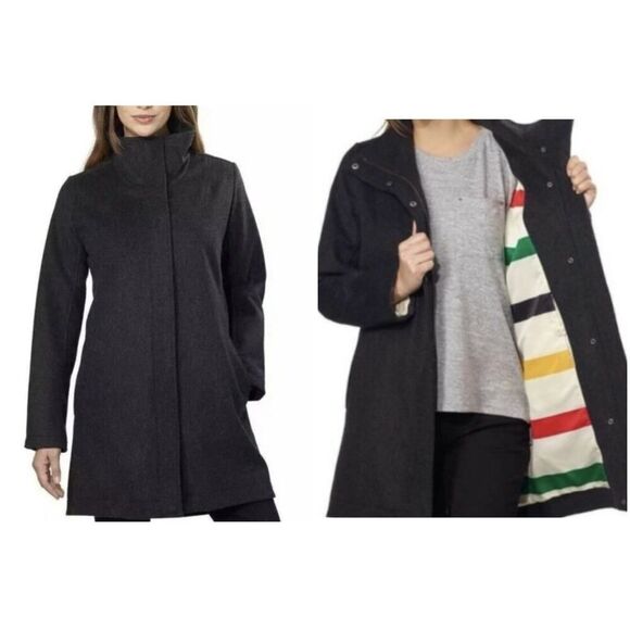 NWOT Pendleton Cascade Wool Coat Charcoal Funnel Neck Stripe Lining Women’s sz L - Picture 1 of 16
